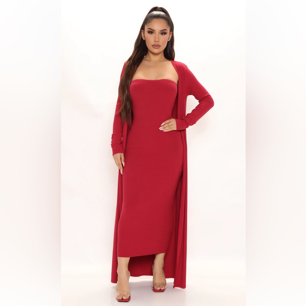 Fashion Nova Burgundy Red Satisfied Ribbed Strapless Maxi Dress & Duster Set S/M